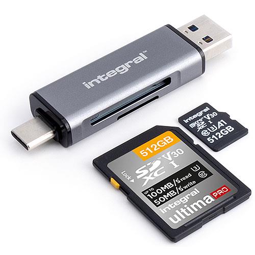 Integral USB 3.2 Gen 1 Card Reader - SD MicroSD - Type-A and USB-C - Black/Silver