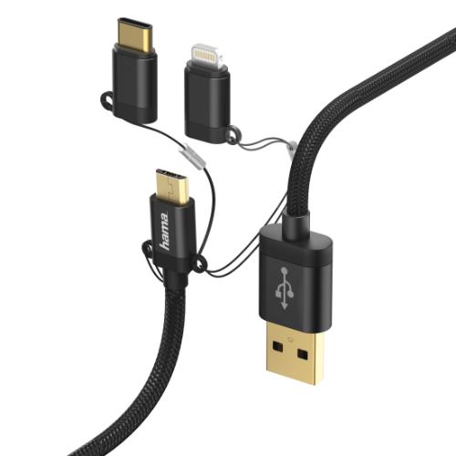 Hama 3-in-1 Micro USB Cable with USB-C, Lightning Adaptor 1m Cable Black